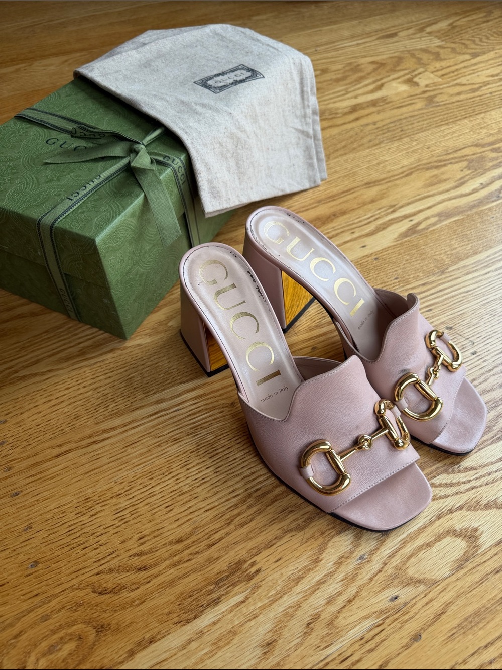 Gucci Horsebit Leather Block Heel Mule Sandal 37 Blush Pink w/ Box & Dust Bags